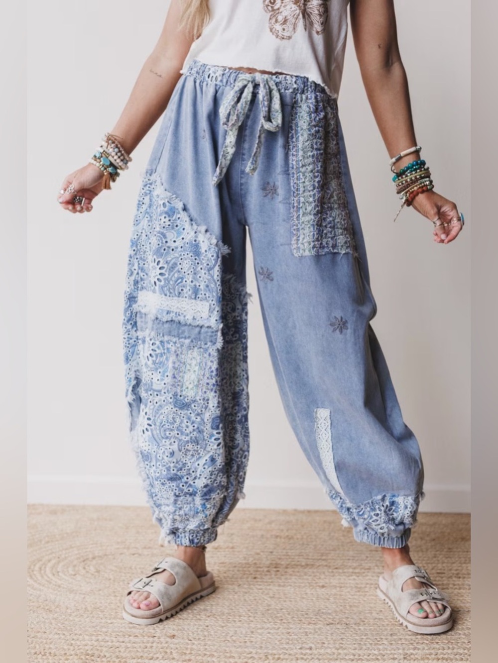 POL denim patchwork drawstring pants